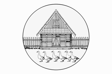 farm cabin and geese line drawing oval frame rural scene black white architecture © Roni