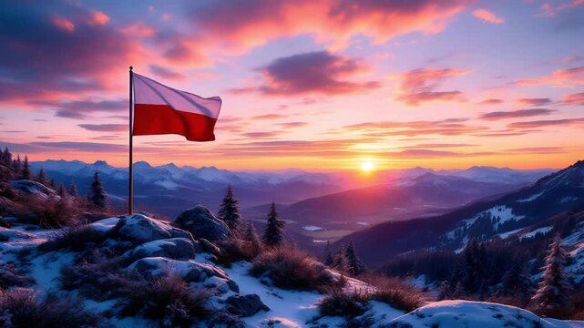 Polish Flag Waving on Snowy Mountain Peak at Sunset