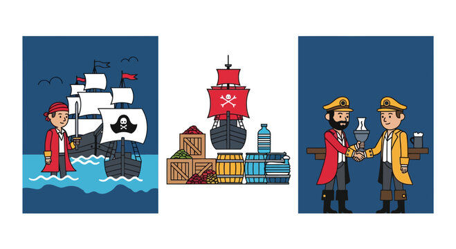 Pirate Captains and Maritime Trade Vector Illustration
