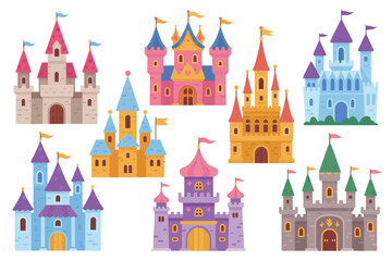 Naklejka premium Set of diverse medieval castles and fantasy fortresses with tall towers and flags in bright flat style for storybook kingdom