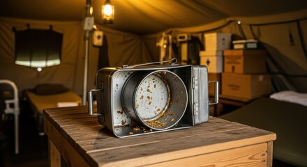 Naklejka premium Vintage metal food warmer container on a wooden table inside a military-style tent with cots and supplies