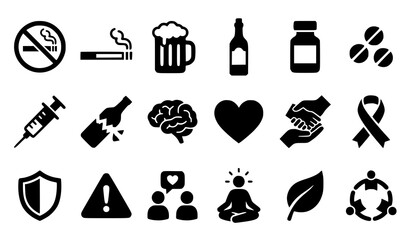Fototapeta premium Mental Health and Substance Awareness Minimal Black Icon Collection