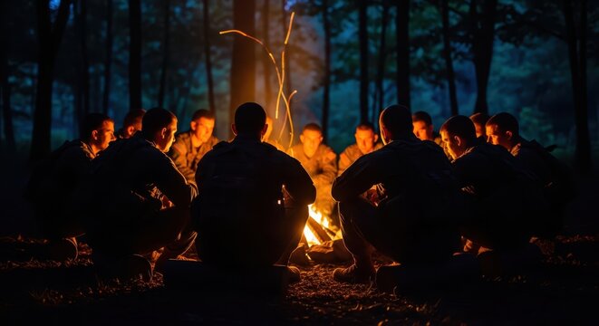 Group of men sitting around campfire at night in forest, enjoying fellowship and storytelling