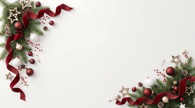 Elegant Christmas border with fir branches and red velvet ribbons