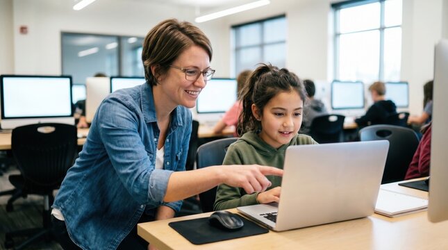 Teacher crouches beside student at laptop in modern computer lab