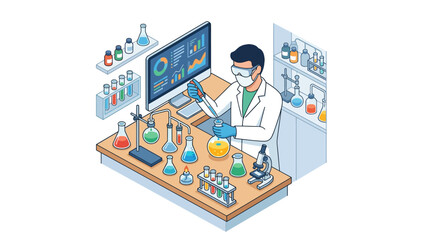 Fototapeta premium Scientist performing chemical experiments and data analysis in laboratory illustration