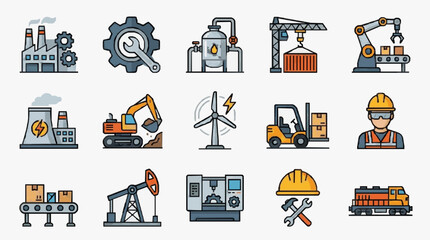 Modern Colorful Illustrated Icons of Industrial Machinery Equipment and Factory Workers in Action © Rani
