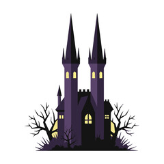 Obraz premium Gothic haunted castle silhouette with turrets and skeletal trees on a white background, spooky holiday atmosphere