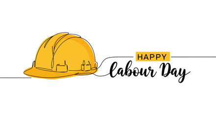 Fototapeta premium Minimalist continuous line drawing of a yellow construction helmet celebrating International Labour Day, symbolizing worker safety and global appreciation