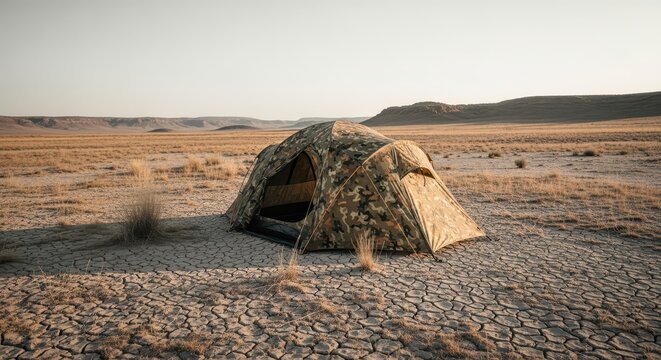 Camouflage camping tent set up in a vast, dry, cracked desert landscape under a clear sky