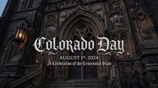 A Gothic-inspired festive graphic for Colorado Day on August 1st, 2024, featuring text overlaid on a dark, intricately carved stone building entrance with an antique lantern glow.