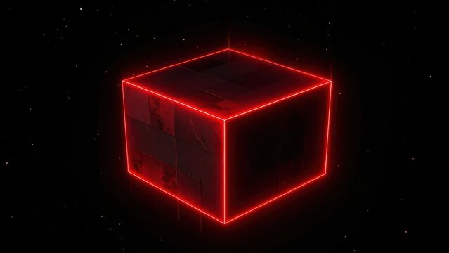 Glowing red 3D cube frame in dark space.