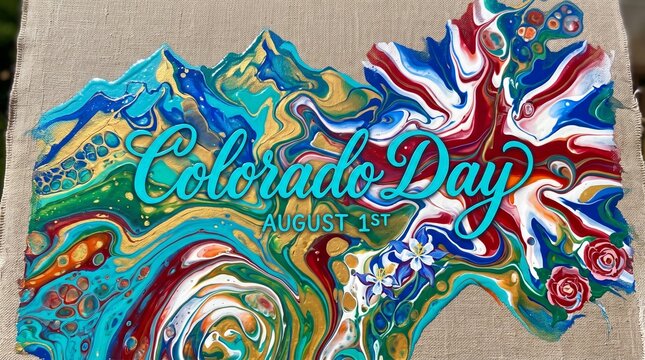 Abstract acrylic pour painting featuring the shape of the State of Colorado with mountain scenery and flag-inspired patterns, text overlay reading Colorado Day August 1st on a burlap canvas.