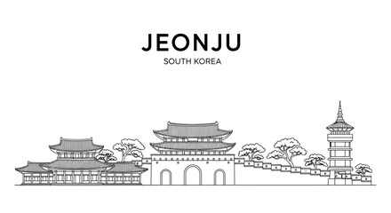 Obraz premium Jeonju skyline, South Korea, traditional Korean architecture, hand-drawn illustration