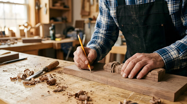 Focused craftsman engaging in precision woodworking with hand tools in a well lit workshop with captures skilled artisan meticulously marking wooden plank pencil