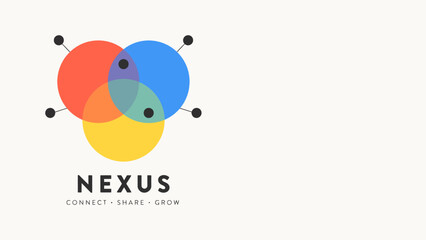 Fototapeta premium Modern graphic design featuring three intersecting colorful spheres with connecting nodes, symbolizing a unified ecosystem of partnership, innovation, and expansion