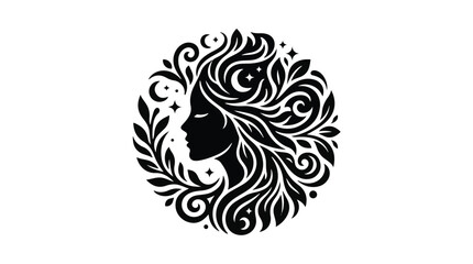 Fototapeta premium Elegant silhouette of a woman's profile adorned with flowing hair and natural elements, symbolizing beauty and nature.