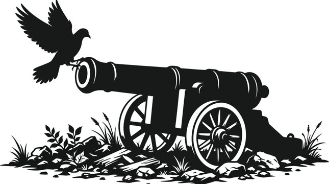 Bird perched upon antique artillery cannon silhouette vector illustration isolated on plain white background with black silhouette bird landing old cannon