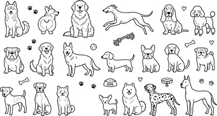 Hand drawn black outline dog breed icons set isolated on white background for coloring book and stickers © MstAirin