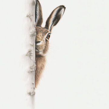 Curious jackrabbit peeks from behind tree, showcasing its alert expression and large ears. minimalistic background highlights rabbit features