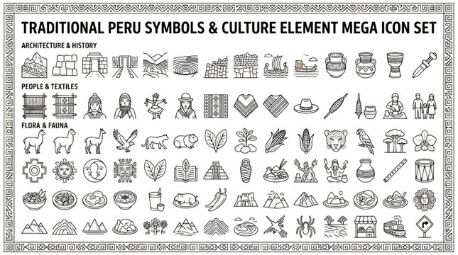 Traditional Peru Symbols and Culture Black Line Art Mega Icon Set Peruvian Heritage Vector Collection Isolated on White Background