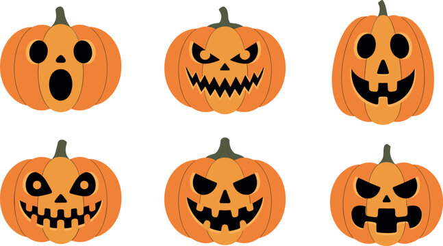 Set of six jack-o'-lantern pumpkins with different spooky and funny faces for Halloween party decoration design projects