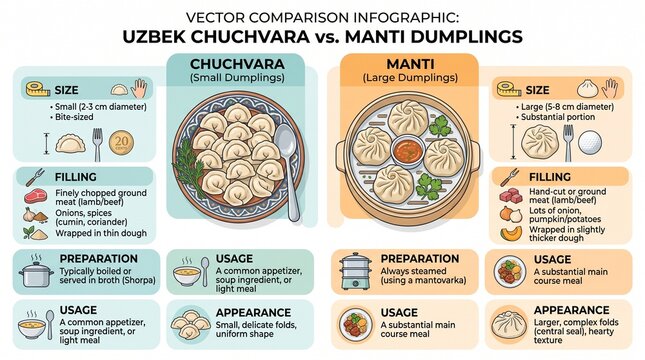 Chuchvara Manti Uzbek Dumplings Comparison Vector Infographic