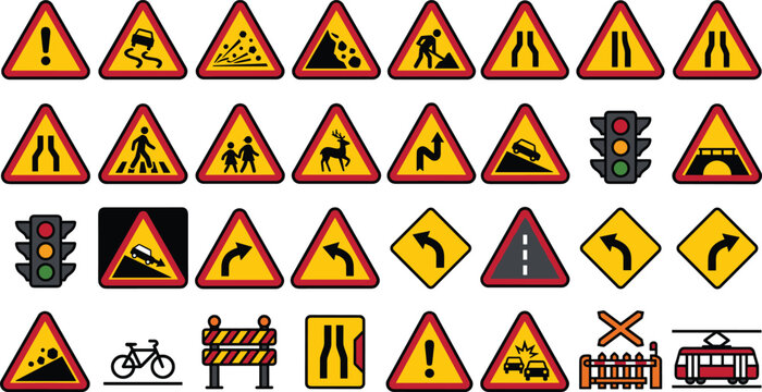 Yellow Traffic Warning Road Signs Vector Icon Set Featuring Construction Detours Pedestrian Crossings Sharp Turns Traffic Lights and Railway Symbols for Safety