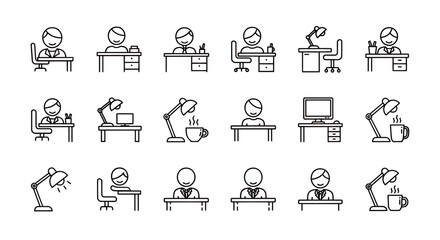 Fototapeta premium Set of line art icons showing a person at a desk performing various office tasks and activities.