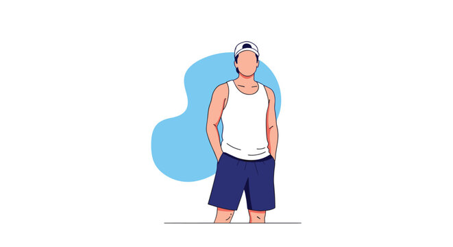 Tall athletic man wearing a white tank top and blue shorts stands confidently with his hands in his pockets on a white background.