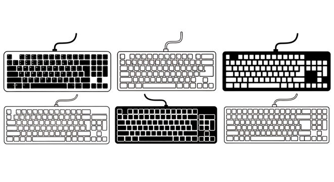 Assorted computer keyboards in different colors arranged in a grid.