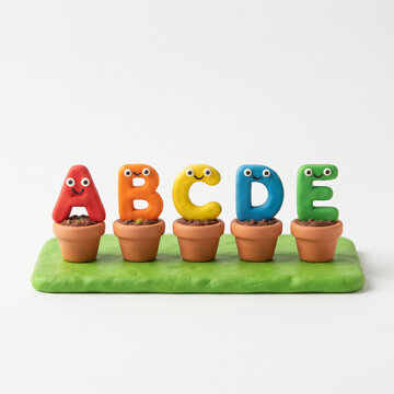 clay alphabet letters in small flower pots on green grass background