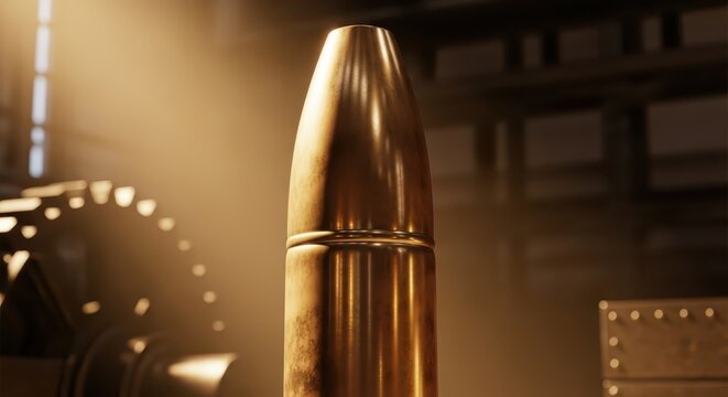 Close-up macro shot of a brass bullet casing with vintage gears and mechanical elements in background, warm lighting