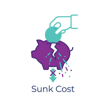 Sunk cost fallacy concept with broken piggy bank and hand inserting coin representing financial loss and bad investment decision making