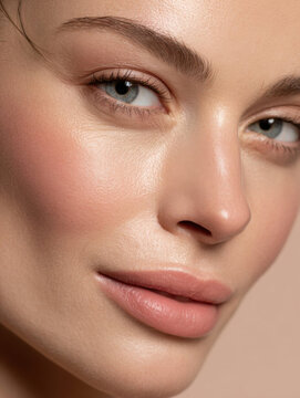Close up of woman face with flawless skin, natural makeup, and soft expression. image highlights beauty and skincare