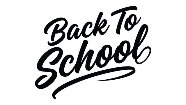 Back to school cursive decorative typography design with sweeping underline, black text on white background, elegant lettering illustration symbolizing education, learning, and season start