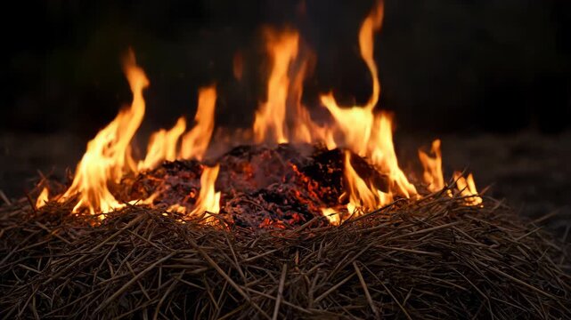 Burning bonfire close up material, burning haystack flames