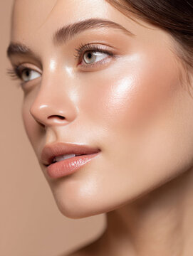 Woman with glowing skin and natural makeup looks serene in close up portrait. Her smooth complexion and subtle beauty are highlighted