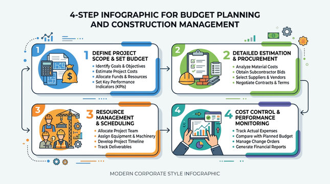 Modern Corporate Infographic Design Illustrating a Four Step Budget Planning and Construction Management Process