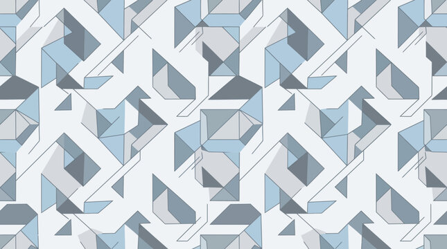 Abstract seamless pattern with blue and grey geometric shapes and architectural elements on a light background