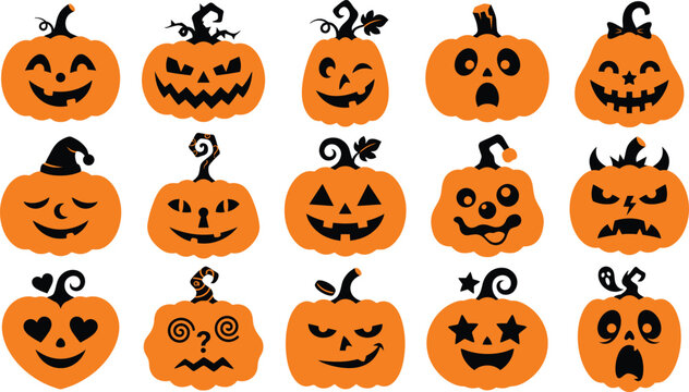 Set of cute hand drawn jack o lantern pumpkins with various funny and spooky facial expressions for halloween