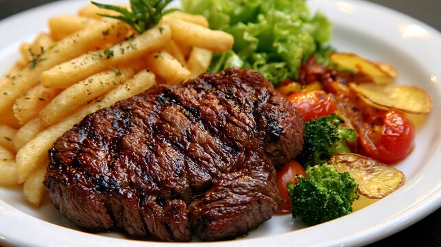 Grilled Steak Dinner with Crispy French Fries, Fresh Vegetables and Roasted Potatoes on White Plate