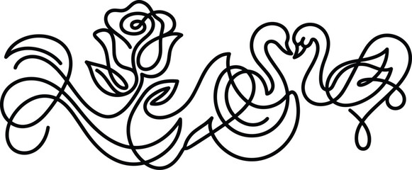 Elegant continuous single line art illustration featuring a blooming rose and two loving swans © MdShahin
