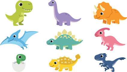 Cute Cartoon Dinosaurs Vector Set Featuring Tyrannosaurus Rex, Triceratops, Brachiosaurus, Pterodactyl, Stegosaurus, Parasaurolophus, Ankylosaurus, Velociraptor, and Hatching Baby Dino Egg Illustratio © Ismail