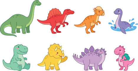 Cute Cartoon Dinosaurs Vector Set Featuring Brachiosaurus, Spinosaurus, Pachycephalosaurus, Plesiosaurus, Sitting Tyrannosaurus Rex, Triceratops, Stegosaurus, and Baby Dino with Backpack Illustrations © Ismail