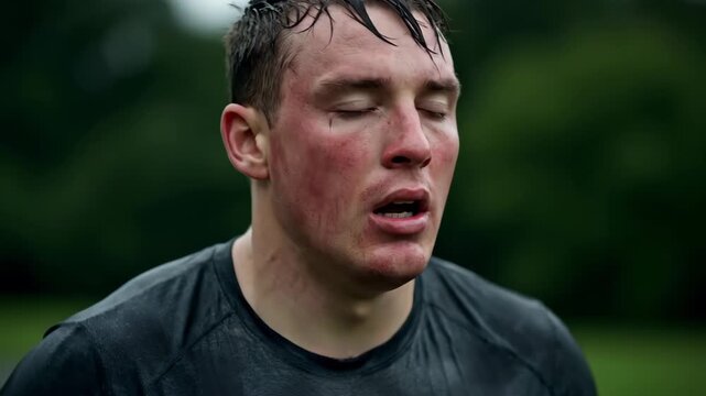 Close up of an outdoor man's face, close up of a man gasping for air after exercise