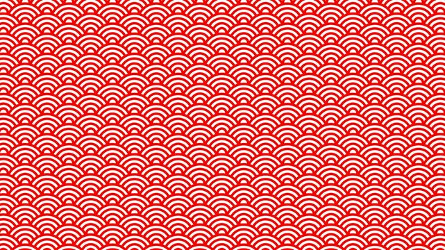 Seamless Japanese Seigaiha pattern with red concentric semicircular waves on a white background.