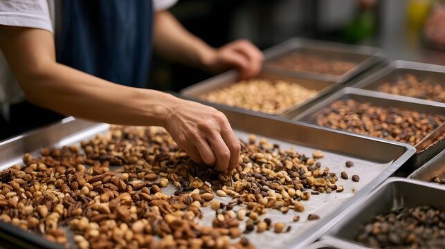 A person sorting mixed nuts and seeds on metal trays in a food prepa n area with focused hands and organized workspace