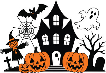 Fototapeta premium Halloween vector pack with haunted castle, bats, witch hats, spider webs, tombstones and pumpkins