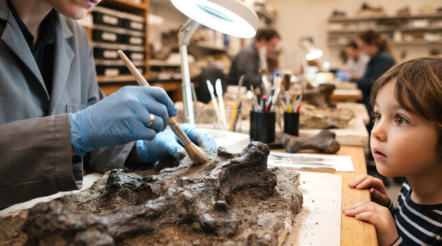 Paleontologist Cleaning Fossil Bone Curious Child Watching Museum